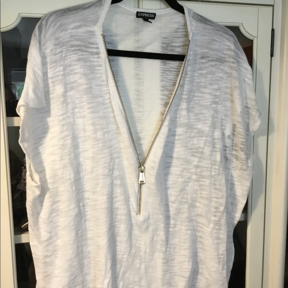 White knit gold zip front shirt